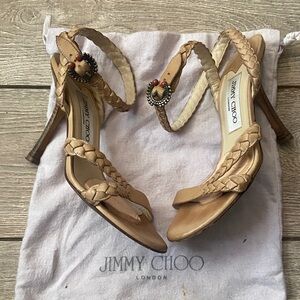Jimmy Choo Tan Braided Leather High Heel Sandals